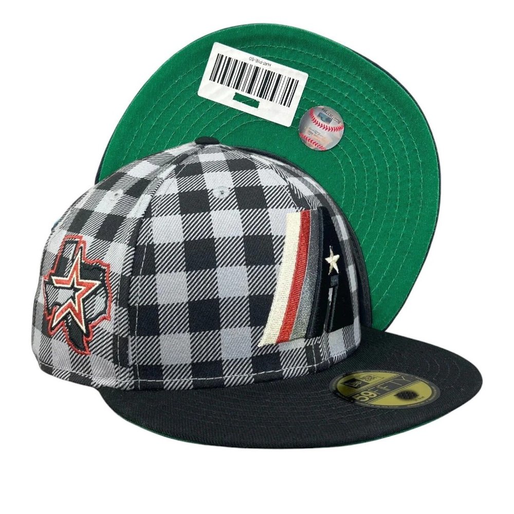 New Era Houston Astros Black/Gray Plaid Texas State Patch Fitted Hat Size 7 1/8